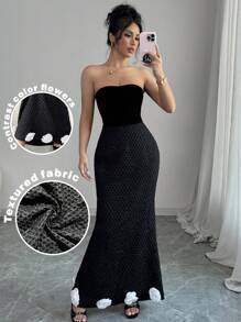 SHEIN Unity 2024 New Autumn/Winter Women's Color Block Floral Open Shoulder Elegant Textured Fishtail Dress - Black - View 2