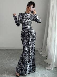 Rafferiza 2024 Autumn/Winter New Arrival Elegant Stand Collar Tied Leopard Print Mermaid Dress Maxi Women Outfit
