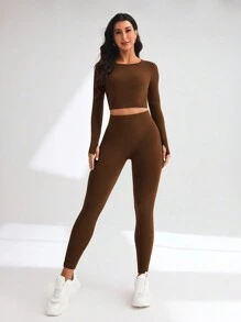 Dewbera Dewbera Set Olahraga Wanita Sederhana Warna Polos, Atasan Pendek Elastis dengan Lubang Jempol dan Legging, Set Gym untuk Latihan Wanita - Coklat - View 3