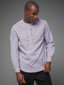 Manfinity VCAY 男士宽松落肩立领前开长袖休闲衬衫，适合日常穿着 - 白色 - 查看 4