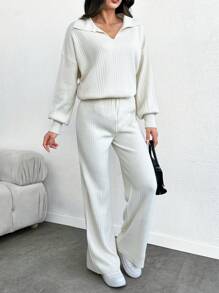 SHEIN Tall Rib Pattern Polo Neck Sweater And Pant 2pcs Se - Apricot - View 5