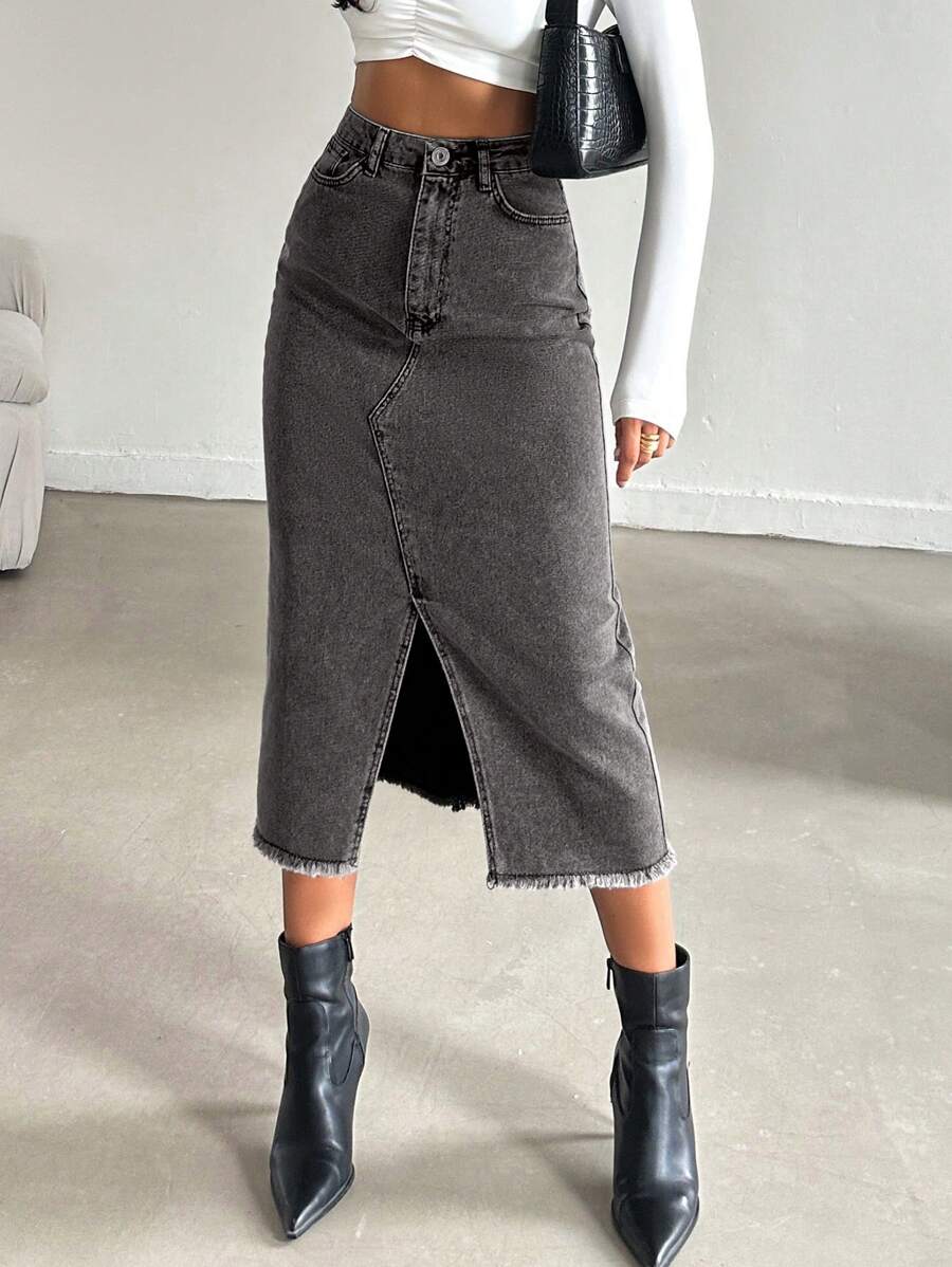 RueChic Váy denim rách thường ngày cho nữ có xẻ tà bên hông, mùa thu - Màu Xám nhạt - Xem 1