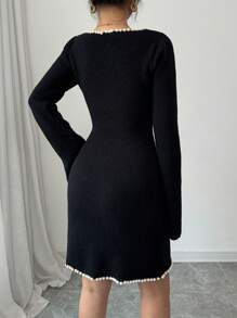 Elenzga 女士 V 领珍珠下摆开衩紧身毛衣连衣裙