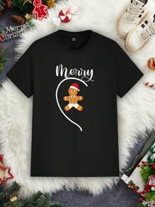 Manfinity Homme 男士 1 件时尚休闲圣诞饼干男装 & 字母印花情侣 T 恤，圣诞礼物 - 黑色 - 查看 3