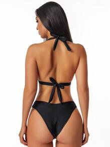 ROMWE Goth Women Sexy Solid Color Mesh Contrast Bikini Set Summer - Black - View 2