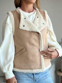 SHEIN Essnce Áo khoác vest Teddy màu nâu chần bông cho nữ có túi và nút, dày, mùa thu/đông - màu nâu - Xem 3