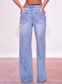 MUSERA Jeans con forrado de lentejuelas y contraste de estampado de leopardo - Azul - Ver 4