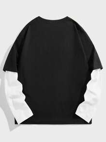 Manfinity RebelGame 男士纯色拼布圆领长袖字母印花休闲 T 恤 - 黑與白 - 查看 3