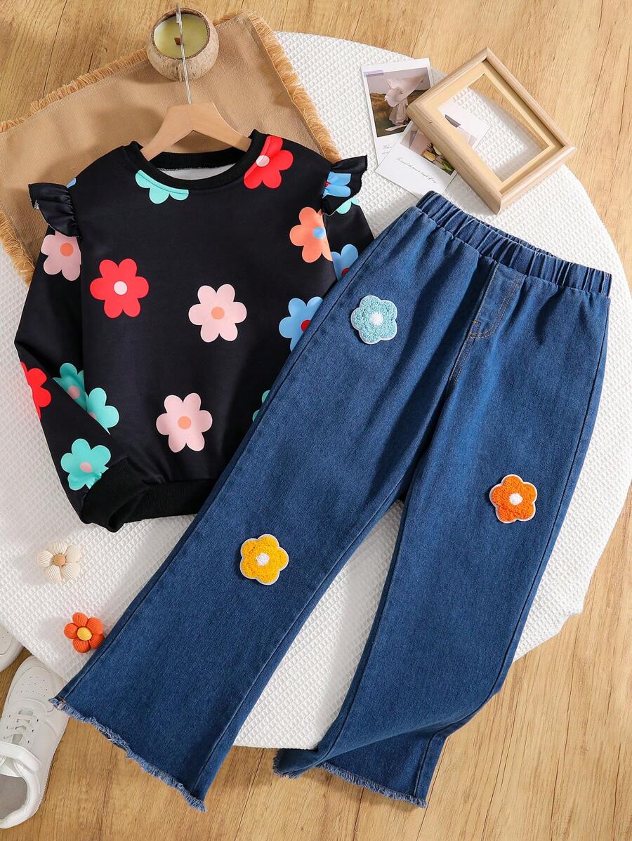2pcs/Set Tween Girl Digital Floral Print Sweatshirt & Embroidered Detachable Flower Denim Jeans - Black - View 1