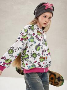 TEENAGE MUTANT NINJA TURTLES | SHEIN Tween Girl 1 件彩色卡通海龟和字母全身印花撞色罗纹拉链连帽运动衫，秋冬 - 白色 - 查看 3