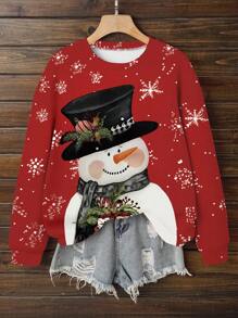 INAWLY Women Snowman Print Crew Neck Long Sleeve Sweatshirt, Casual Daily Wear Pullover Fall Outfit