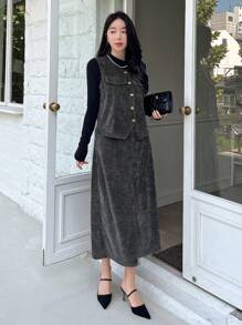DAZY 2 件套：女士休闲外出纯色背心和裙子，秋季 - 深灰色 - 查看 4