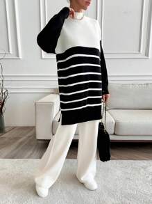 RueChic Woman High Neck Striped Sweater And Pants Co-Ords Winter Two Piece Outfits