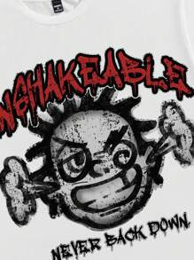 Manfinity ZONE917 White Knit Men's Letter & Cartoon Print Round Neck Short Sleeve T-Shirt - White - View 2