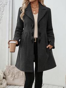 SHEIN Clasi Áo khoác xám nữ có cổ khoét, túi trước, khuy sừng hai hàng khuy, cầu vai và cổ tay áo - Xám - Xem 6