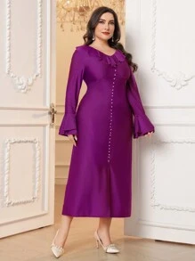 Modelyn Robe de soirée longue élégante à col rond brodée de perles en brocart grande taille