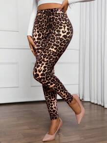 SHEIN Lady Leggings de Cuatro Estaciones, Bottom con Estampado de Guepardo, Leggings casuales con cintura alta y estampado de leopardo para mujer