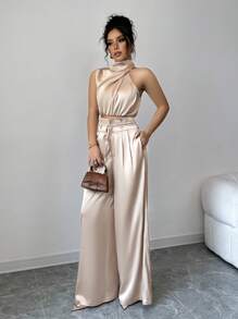 Firerie 2 件套女士扎染花卉优雅工作服 V 领上衣和阔腿裤，轻盈舒适的服装 - 杏色 - 查看 6