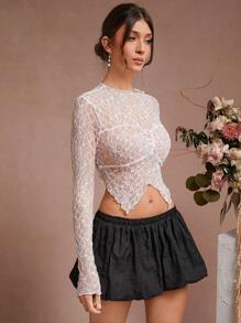 L'Amorae 时尚白色蕾丝长袖上衣，心形领口和不对称下摆 - 白色 - 查看 6