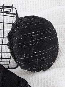 SHEIN 年轻女孩针织翻领长袖格子蓬松衬里外套，优雅时尚，适合秋冬季 - 黑色 - 查看 5