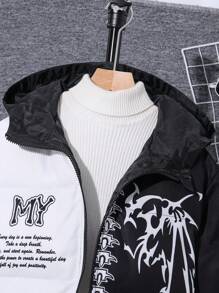 Tween Boy's Black Colorblock Hooded Thick Jacket For Winter,Smart Back-To-School Outerwear,Suitable For School,Parties,Outdoor Play & Casual Wear - Black and White - View 3