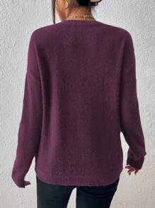 SHEIN Essnce Áo len dệt kim dài tay cổ chữ V màu trơn cho nữ, mùa thu/đông - Màu tím - Xem 2