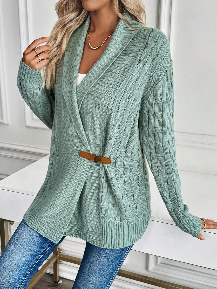 SHEIN LUNE Women Casual Solid Color Lapel Button Up Cardigan, For Autumn/Winter - Mint Green - View 1