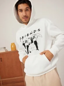 FRIENDS X SHEIN Sweatshirt à capuche blanc ample et décontracté avec imprimé de ligne artistique de personnage classique pour hommes, automne/hiver - Blanc - Voir 3