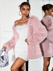 SHEIN SXY Warm Padded Sensual Luxurious Glitter Pink Ladies' Fluffy Jacket For Autumn And Winter Party - Baby Pink - View 2