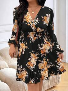 SHEIN LUNE Plus Size Floral Print Lantern Sleeve Dress, Elegant For Autumn Fall Cloth For Women