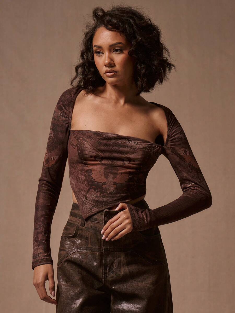 MUSERA Asymmetric Butterfly Print Top Summer Ibiza , Autum, Winter, Party, - Multicolor - View 1