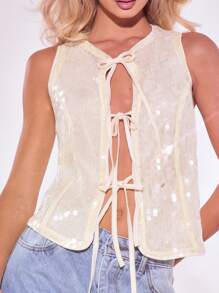 MUSERA Tie Front Sleeveless Sequin Tank Top Vacation Spring Summer Ibiza Festival - Apricot - View 5