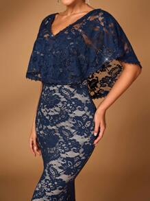 SHEIN Belle Elegant Navy Blue Stretch Lace V-Neck Shawl Splicing Lace Slim Fit Fishtail Train Suitable For Mother To Attend The Evening Dance Party Wedding Bride Mother Dress Heavy Industry Dinner Dress, Mother Of The Bride Dress - Navy Blue - View 5