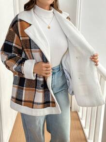 SHEIN Essnce Abrigo holgado a cuadros cálido de talla grande para mujeres en otoño e invierno, ropa de mujer de invierno, abrigos térmicos para tiempo frío, prendas de vestir para clima frío