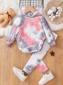 SHEIN 年轻女孩扎染不对称下摆落肩连帽衫和紧身裤 2 件套服装，舒适，秋冬季，非常适合休闲和日常穿着和学校日常，酷炫街头女孩，Y2K 女孩 - 彩色 - 查看 2