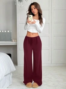 SHEIN EZwear 女士纯色前系带休闲毛绒衬里长裤 - 酒紅色 - 查看 3
