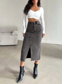 RueChic Váy denim rách thường ngày cho nữ có xẻ tà bên hông, mùa thu - Màu Xám nhạt - Xem 3