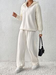 2pcs/Set Women Casual Patchwork Hooded Sweatshirt And Pants, Autumn / Winter