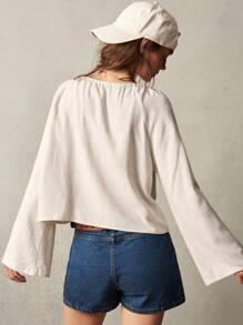 Bohemela Casual Solid Color Woven Flare Sleeve Round Neck Loose Blouse For Women