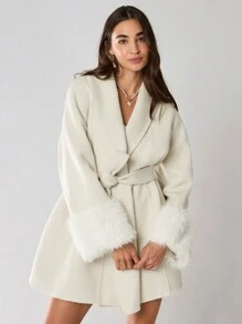 Enchnt 冬季新品，女士优雅时尚纯色披肩领长袖毛绒拼接双面大衣，冬季女装，冬装，保暖服装，冬季女士大衣，适合圣诞派对和浪漫晚餐约会 - 米色 - 查看 7