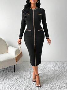 SHEIN Lady Vestido negro ajustado de cuello redondo con detalle de cadena metálica, vestido negro de manga larga, vestido elegante midi para mujer