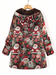 Christmas Plus Size Santa Claus Print Thermal Lined Zipper-Up Hooded Sweatshirt For Autumn/Winter