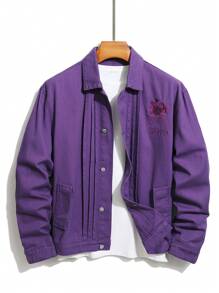 Manfinity Hypemode Chaqueta vaquera casual con manga larga, botones delanteros y bordado floral para hombres