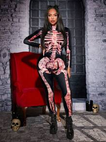 SHEIN SXY Women Skeleton Print Mock Neck Long Sleeve Bodycon Jumpsuit, Casual For Autumn