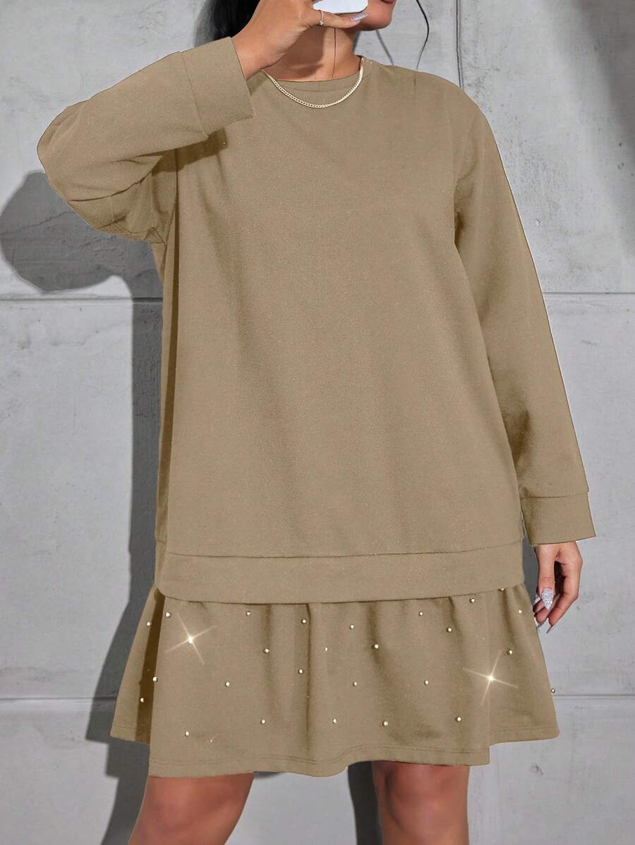 SHEIN Cottnline Plus Size Women Solid Color Round Neck Long Sleeve Ruffle Hem Casual Loose Dress, Autumn - Beige - View 1