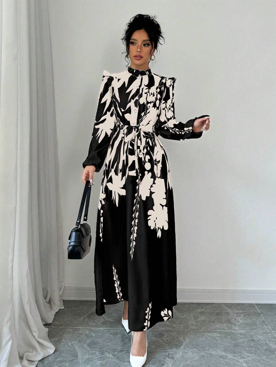 Elenzga Váy Maxi In Hoa Cinched Eo Cho Nữ, Thanh Lịch Cho Mùa Thu Trang Phục Nữ - màu đen - Xem 1