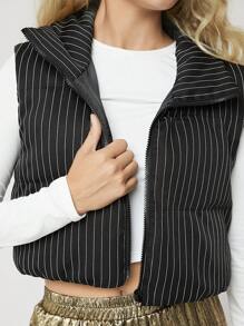 SHEIN EZwear Women's Black And White Striped Stand Collar Sleeveless Padded Padded Coat, For Autumn/Winter