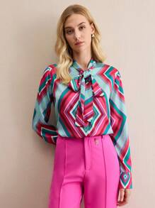 BizChic 女士优雅几何印花衬衫，适合感恩节、圣诞节、办公室、春夏， - 粉色 - 查看 10