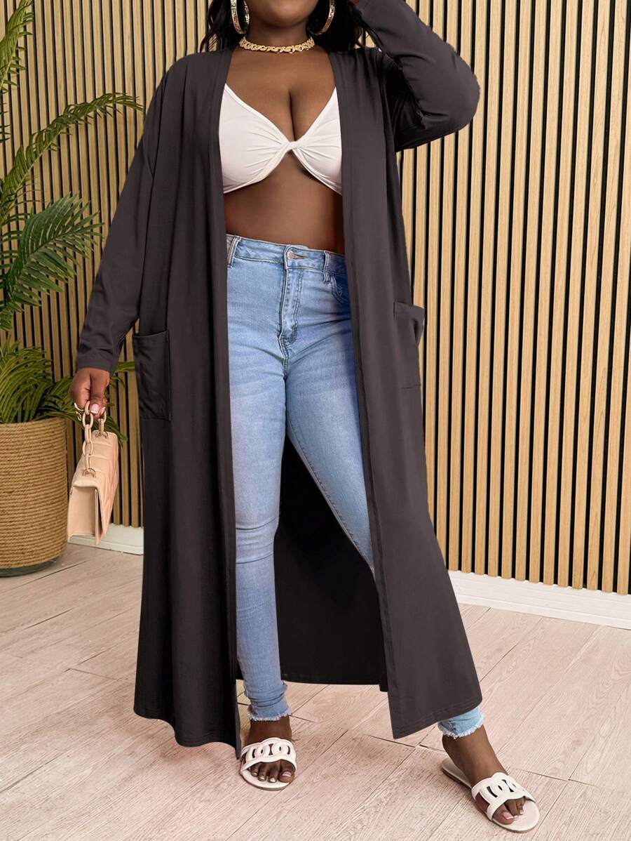 Slaydiva 女士大码优雅休闲日常纯橙色宽松长款开衫，带口袋，春/秋 - 棕色 - 查看 1