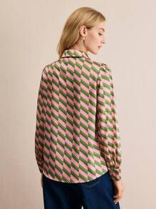 BizChic 女士优雅几何印花长袖衬衫、缎面印花连衣裙，适合节日约会、办公室、春夏季、圣诞节 - 粉色 - 查看 6